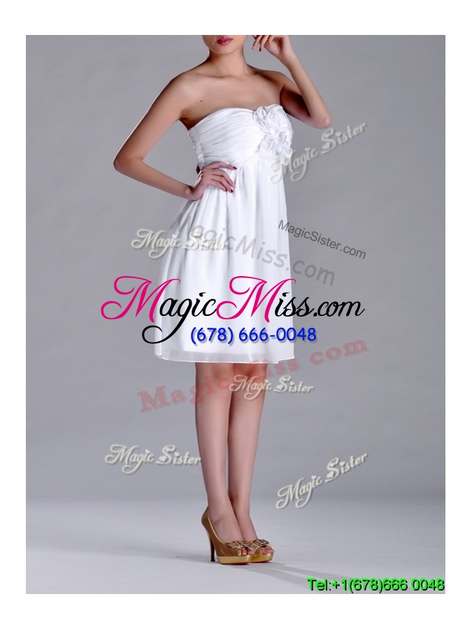 wholesale discount white strapless short dama dress with hand made flowers