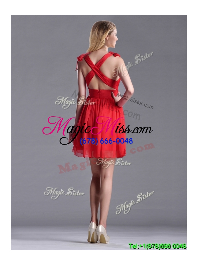 wholesale exclusive v neck criss cross dama dress with ruching and bowknot