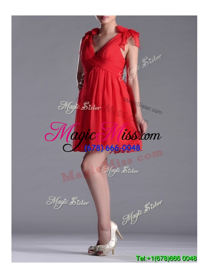 wholesale exclusive v neck criss cross dama dress with ruching and bowknot