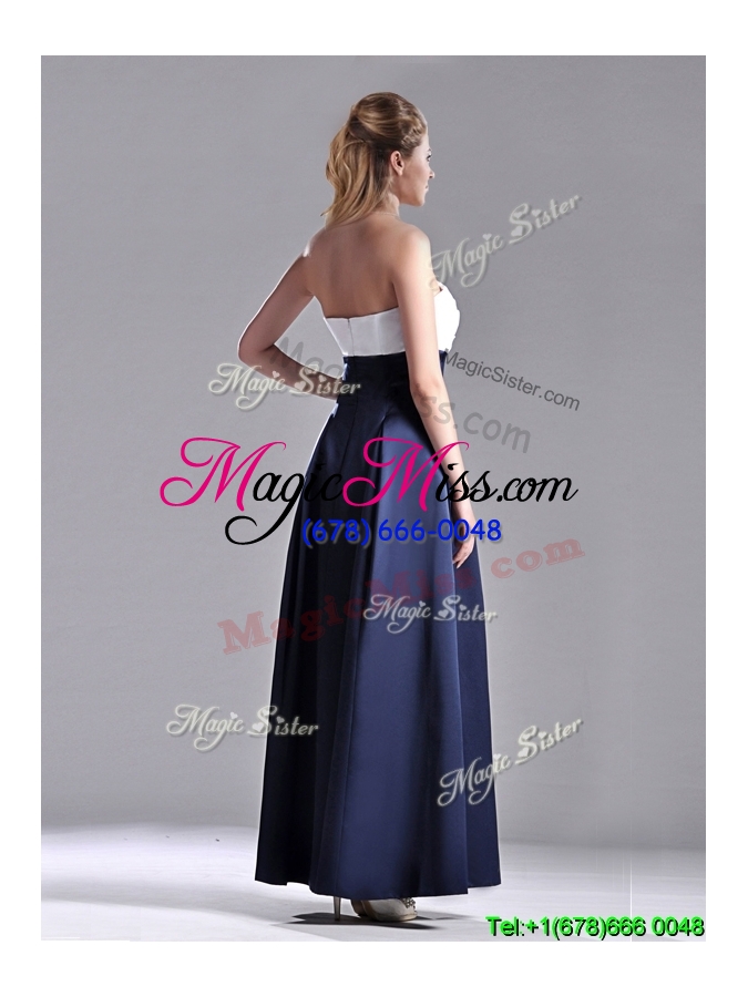 wholesale elegant strapless ankle length dama dress in navy blue and white