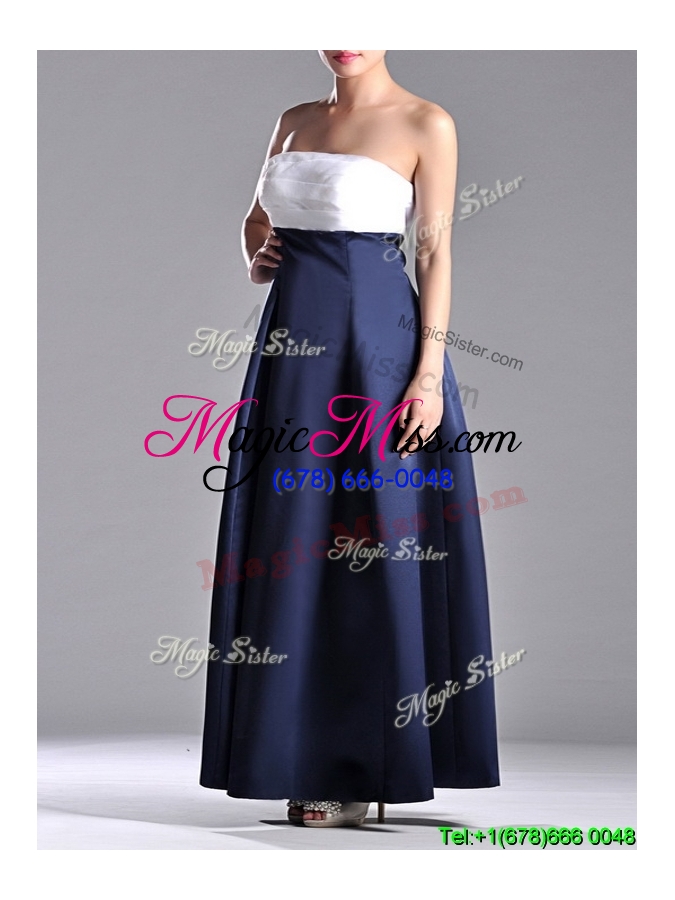 wholesale elegant strapless ankle length dama dress in navy blue and white