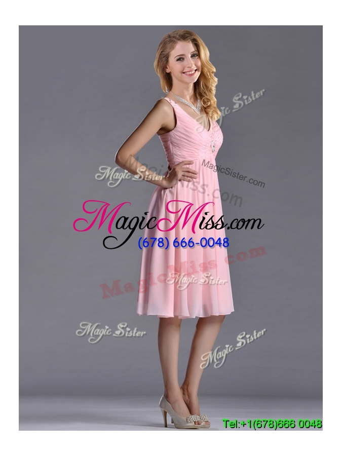 wholesale lovely empire v neck baby pink short dama dress with beading