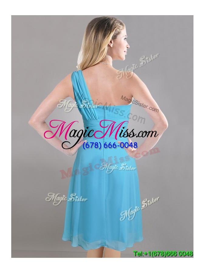 wholesale elegant one shoulder ruched chiffon dama dress in aqua blue