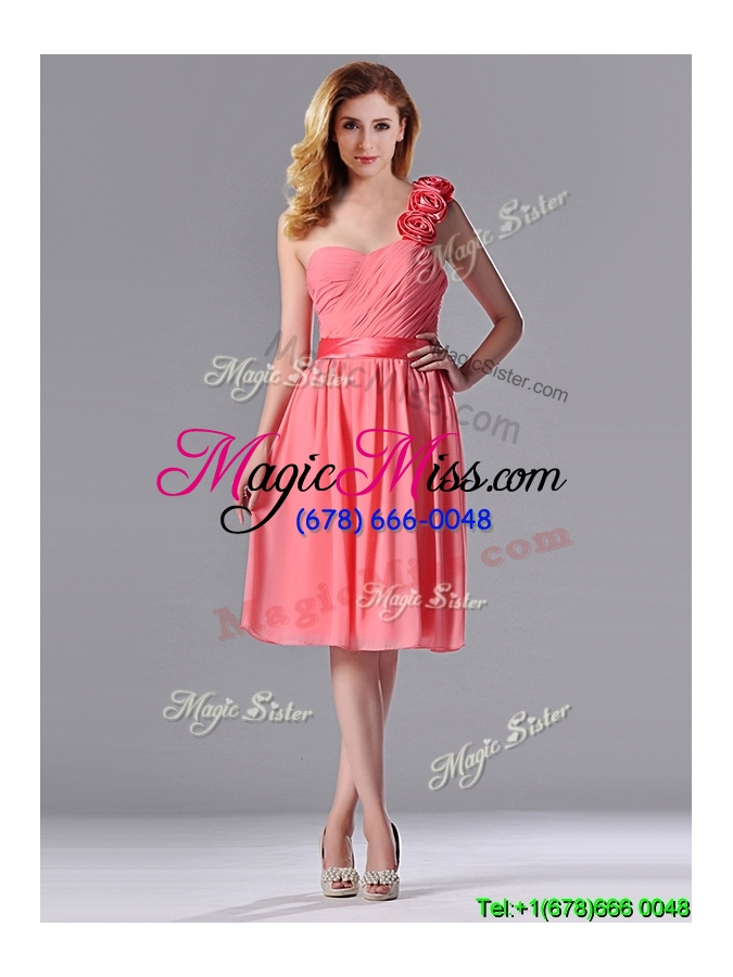 wholesale popular watermelon dama dress with hand made flowers decorated one shoulder