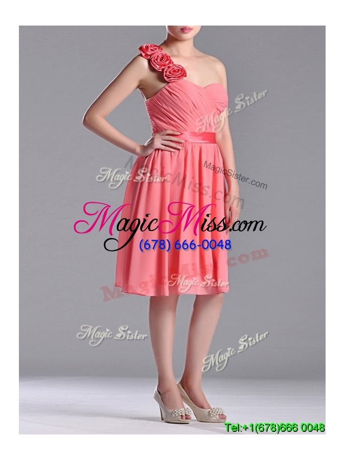 wholesale popular watermelon dama dress with hand made flowers decorated one shoulder