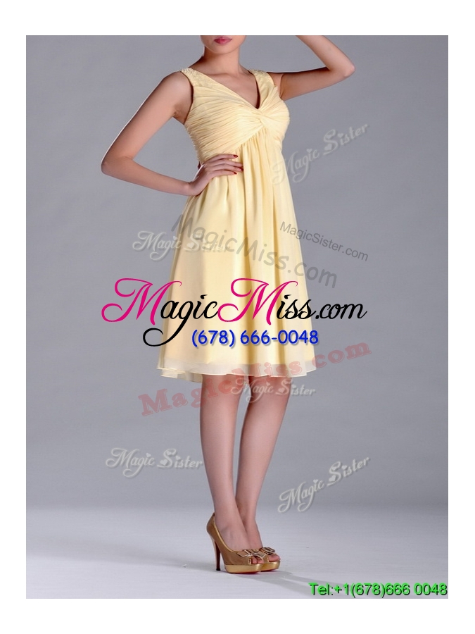 wholesale empire light yellow v neck knee length short dama dress with ruching