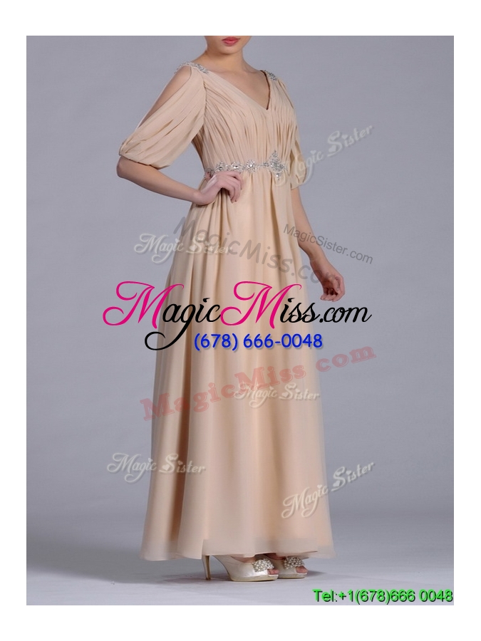 wholesale elegant  beaded and ruched v neck long mother groom dress in champagne