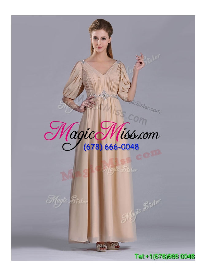 wholesale elegant  beaded and ruched v neck long mother groom dress in champagne