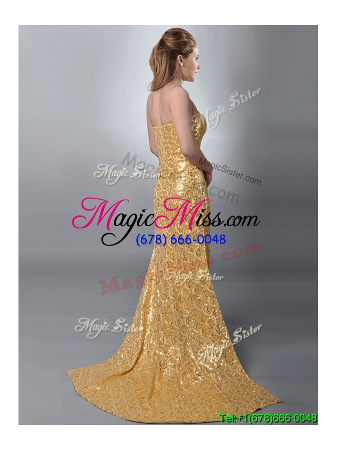 wholesale luxurious column strapless sequined gold cheap dress with brush train