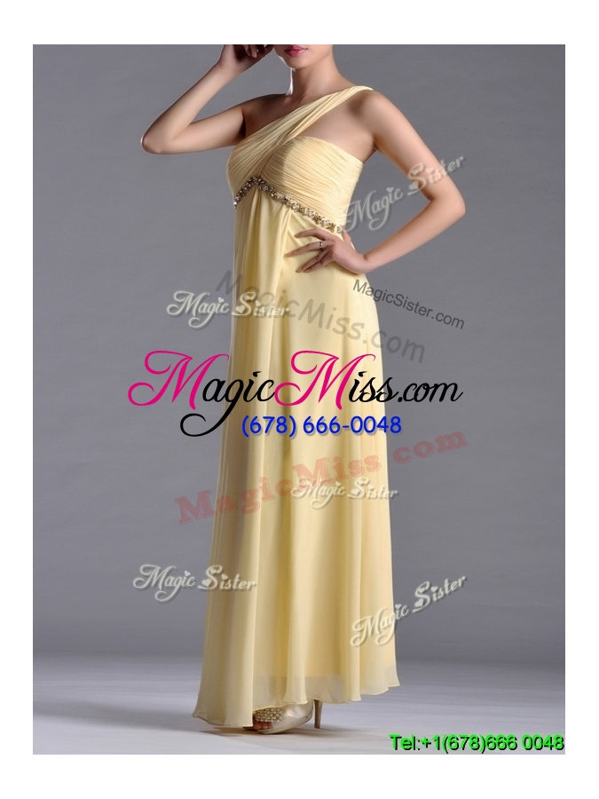 wholesale exquisite one shoulder yellow cheap dress with beading and high slit