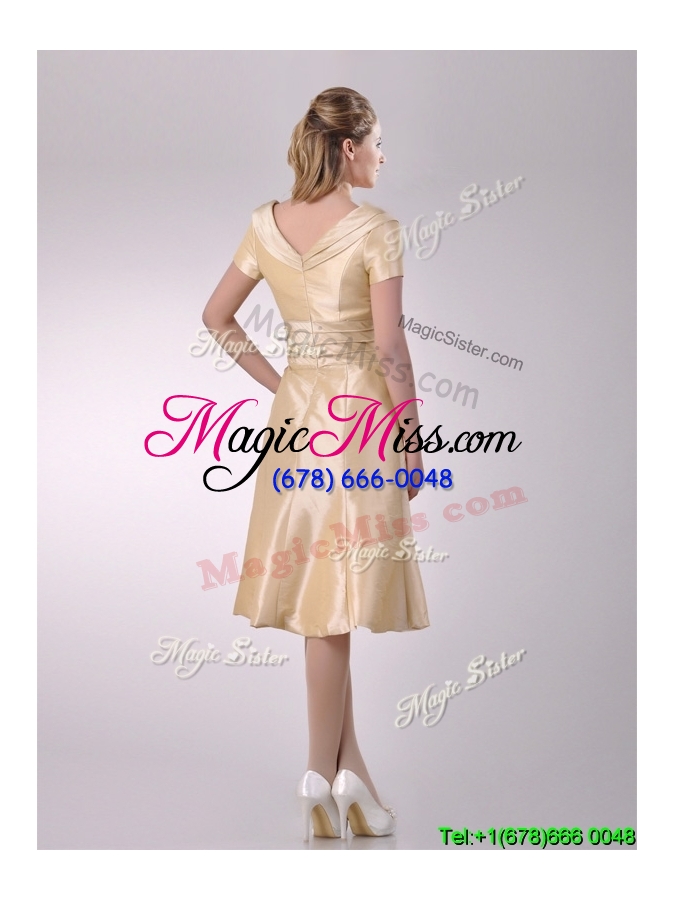 wholesale hot sale v neck champagne tea length cheap dress with short sleeves