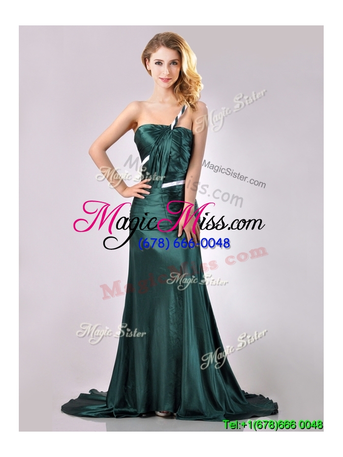 wholesale modest one shoulder dark green cheap dress in elastic woven satin