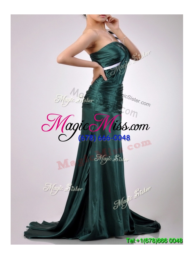 wholesale modest one shoulder dark green cheap dress in elastic woven satin