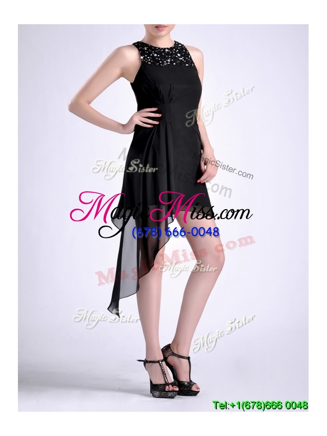 wholesale modern scoop asymmetrical black chiffon cheap dress with beading