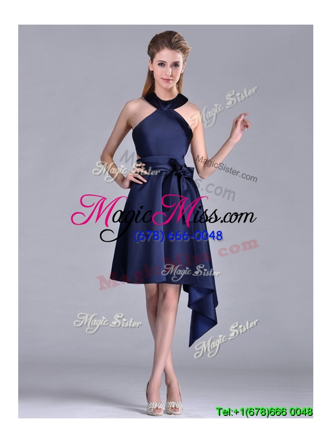 wholesale elegant halter top asymmetrical navy blue cheap dress in satin