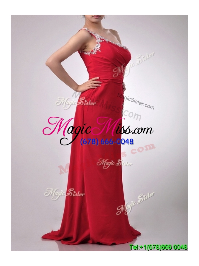 wholesale luxurious beaded decorated one shoulder and high slit prom dress with brush train