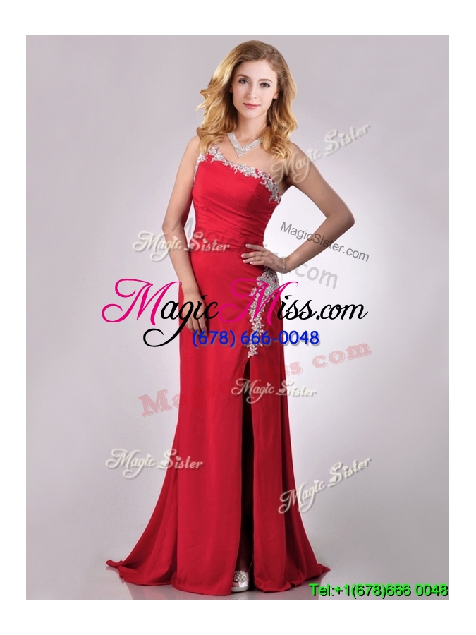 wholesale luxurious beaded decorated one shoulder and high slit prom dress with brush train