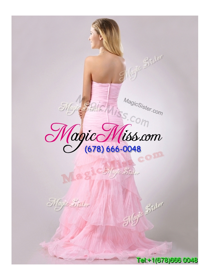 wholesale popular brush train organza pink cheap dress with beading and ruffles
