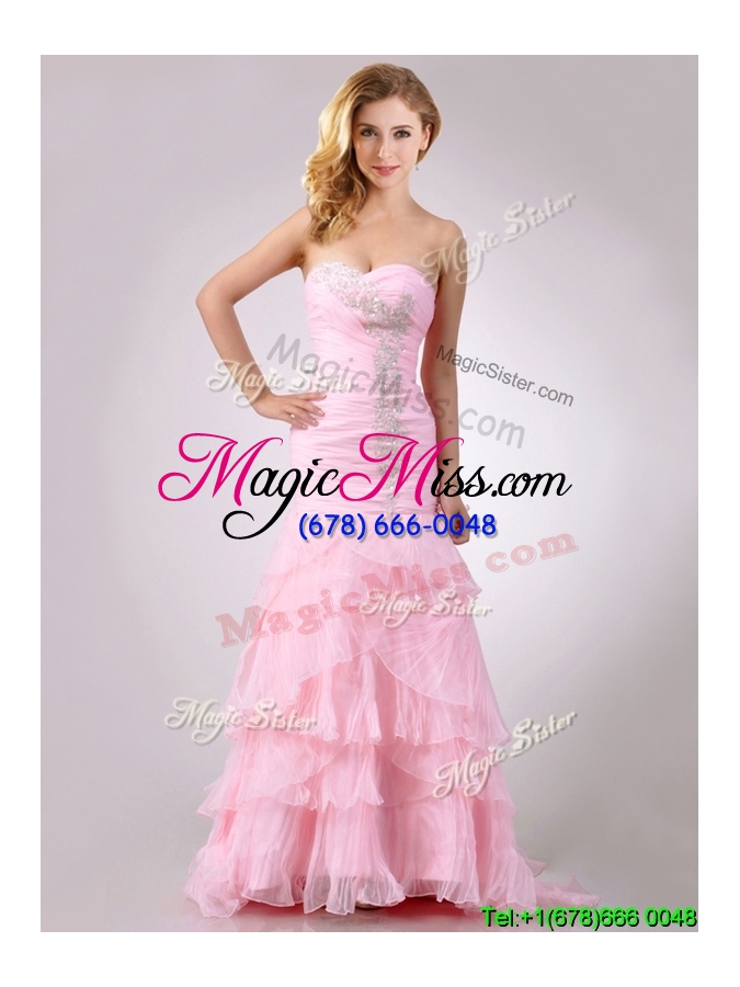 wholesale popular brush train organza pink cheap dress with beading and ruffles