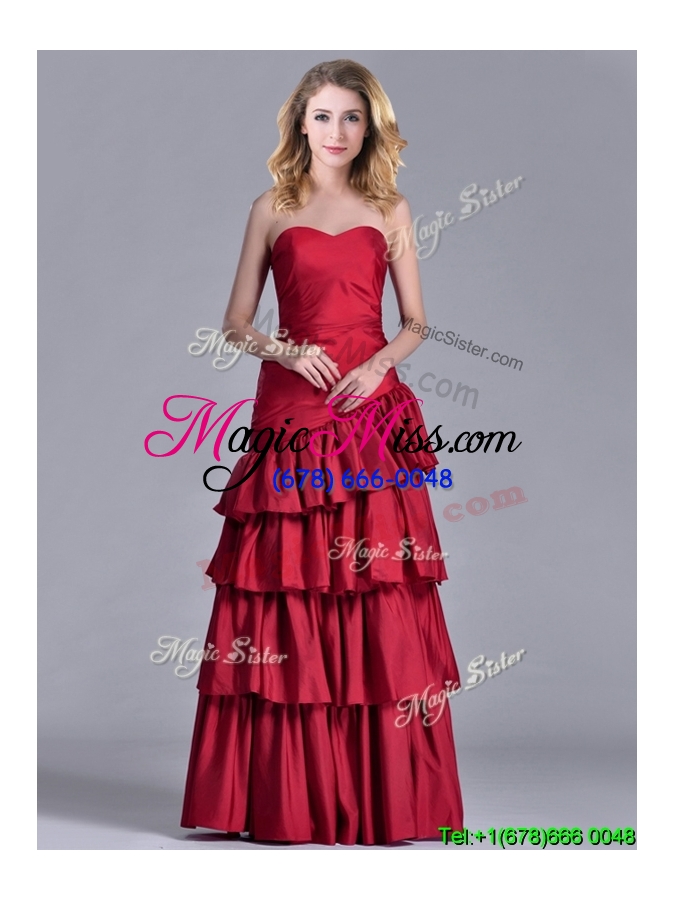 wholesale modest taffeta a line wine red cheap dress with ruffled layers