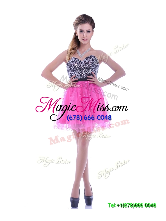 wholesale modern sequined decorated bodice organza hot pink cheap dress with backless