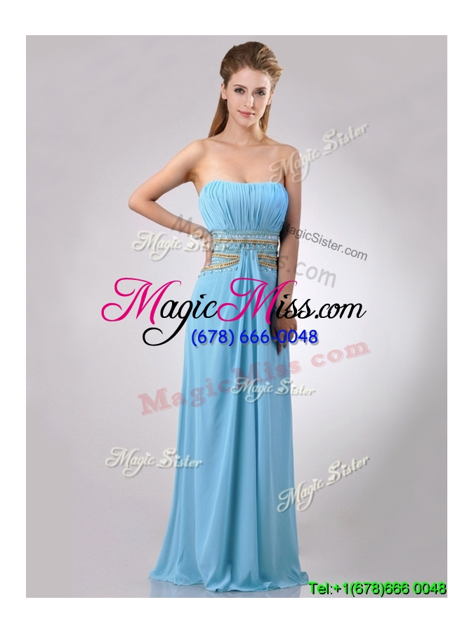 wholesale discount beaded decorated waist and ruched bodice cheap dress in aqua blue