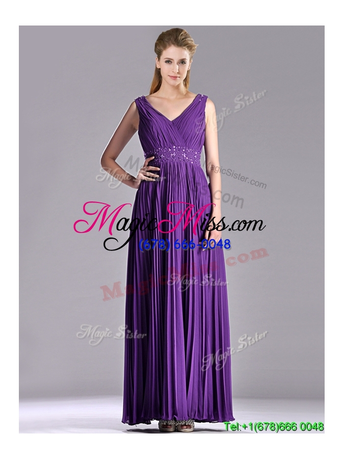 wholesale elegant  v neck purple mother groom dress with beading and pleats