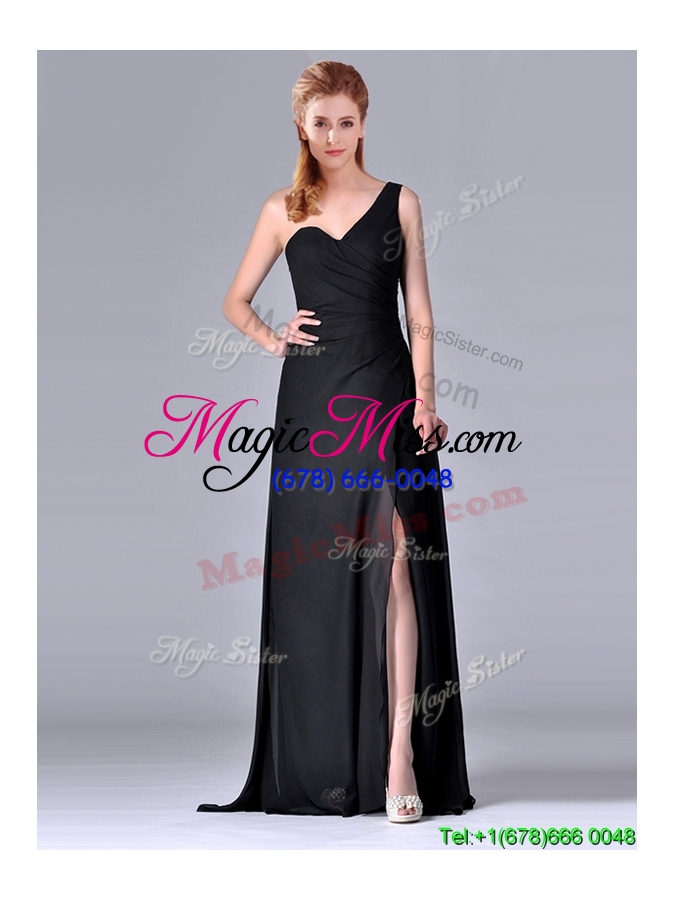 wholesale elegant  one shoulder black mother groom  dress with ruching and high slit