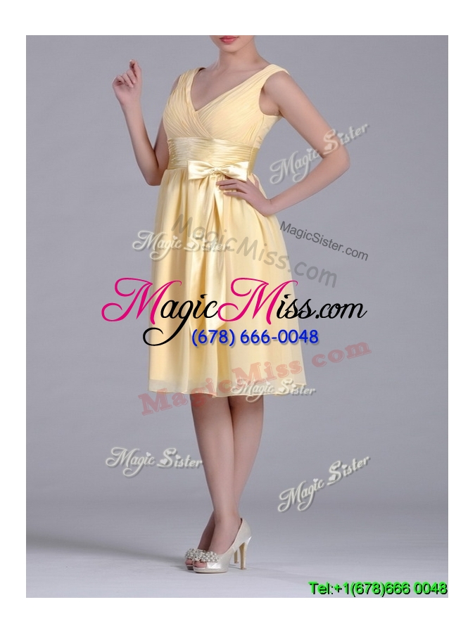 wholesale new arrivals v neck bowknot chiffon short cheap dress in yellow