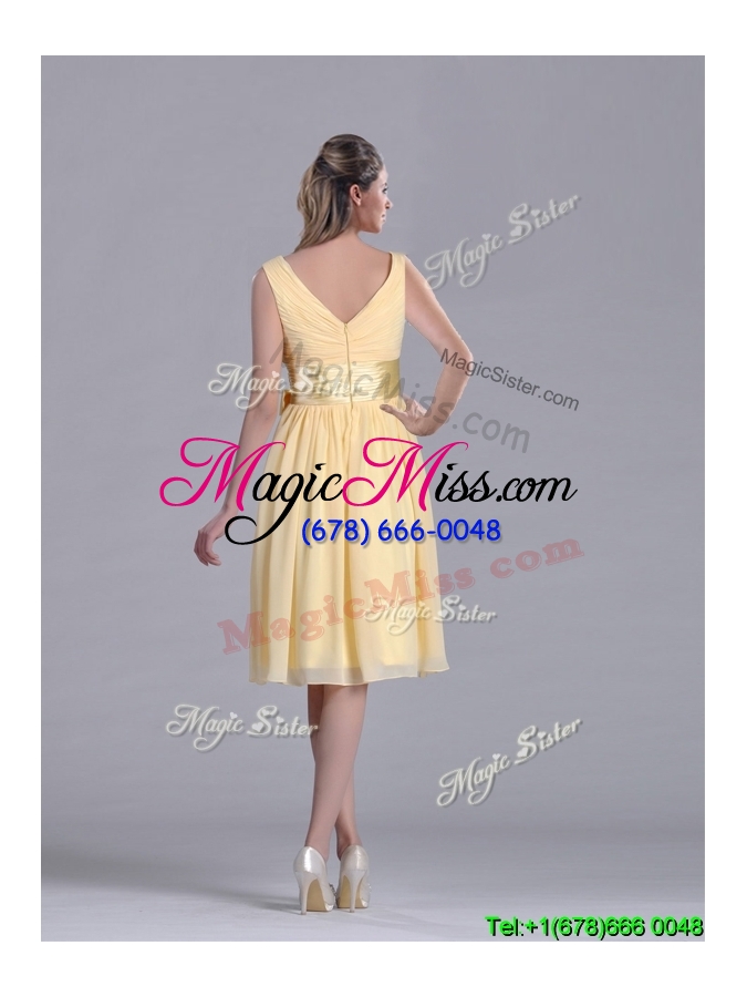 wholesale new arrivals v neck bowknot chiffon short cheap dress in yellow