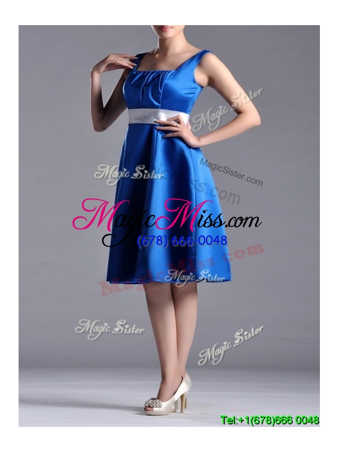 wholesale exquisite empire square taffeta blue cheap dress with white belt