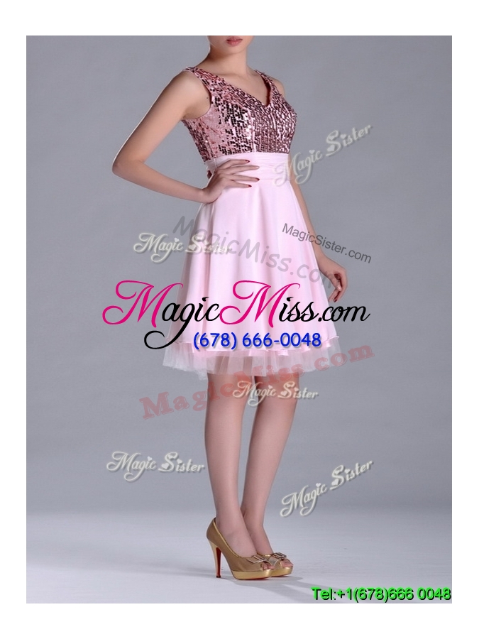 wholesale latest v neck sequined decorated bodice cheap dress in baby pink
