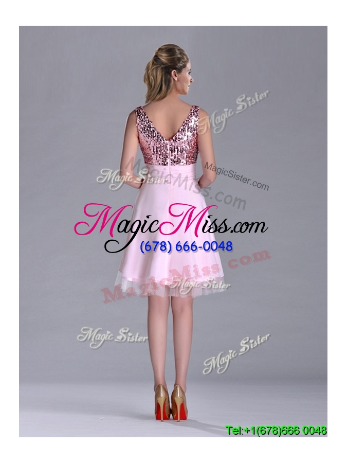 wholesale latest v neck sequined decorated bodice cheap dress in baby pink