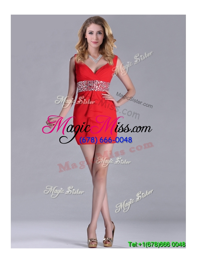 wholesale hot sale beaded decorated waist v neck cheap dress in red