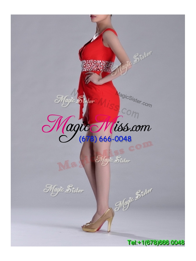 wholesale hot sale beaded decorated waist v neck cheap dress in red