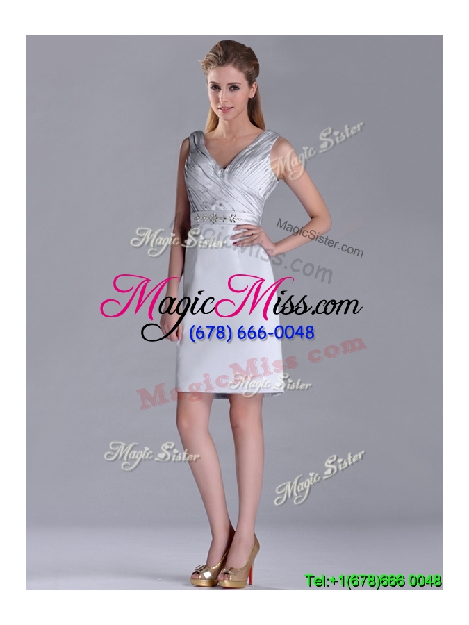 wholesale modern v neck belted with beading cheap dress in silver