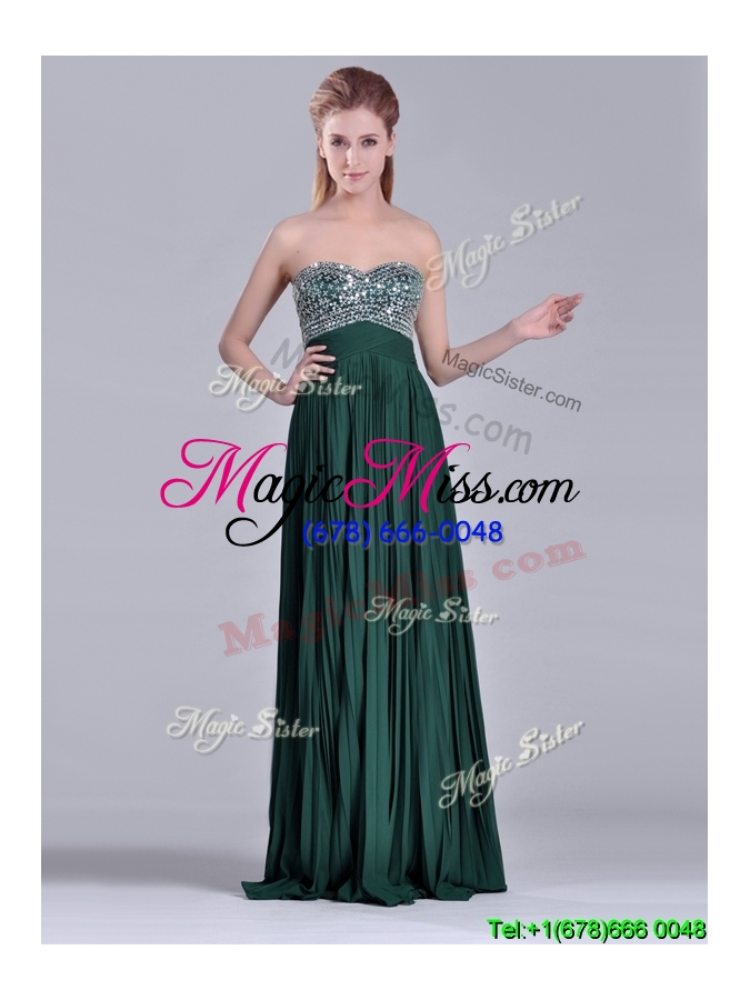 wholesale popular brush train beaded bust and pleated cheap dress in hunter green