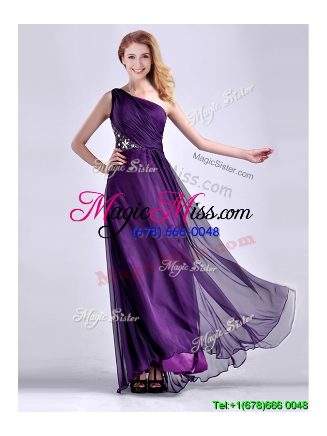 wholesale elegant one shoulder criss cross purple cheap dress with beading