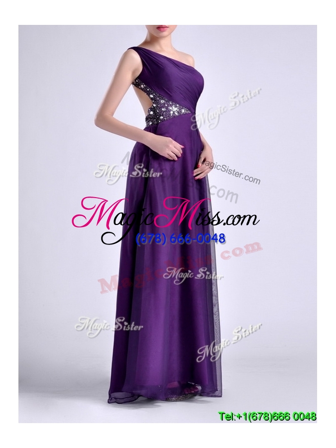 wholesale elegant one shoulder criss cross purple cheap dress with beading