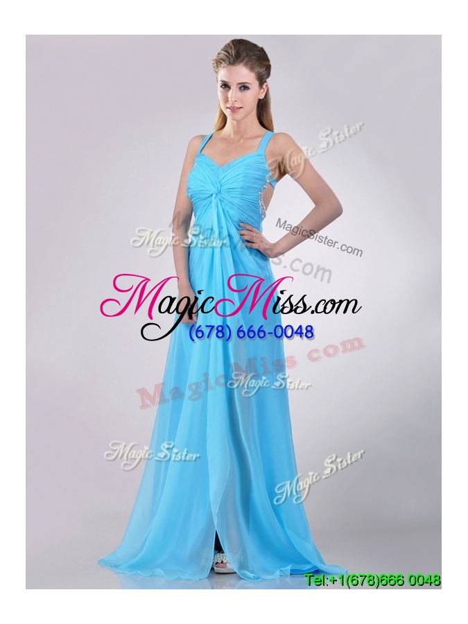 wholesale luxurious straps criss cross beaded long cheap dress in baby blue