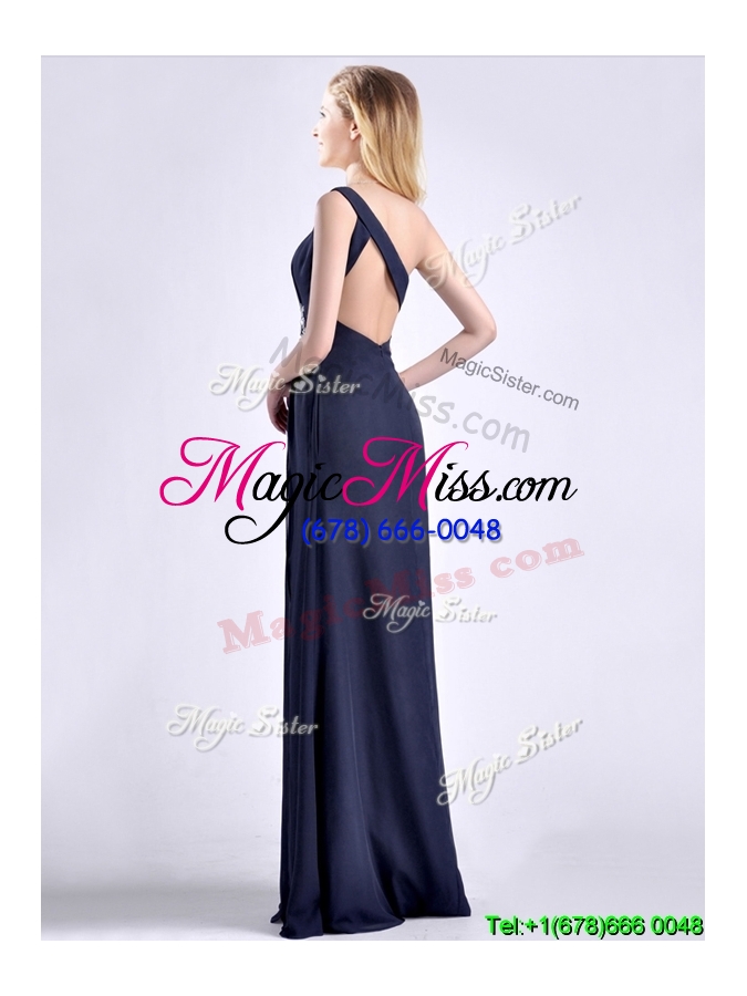 wholesale exquisite one shoulder navy blue cheap dress with beading and high slit