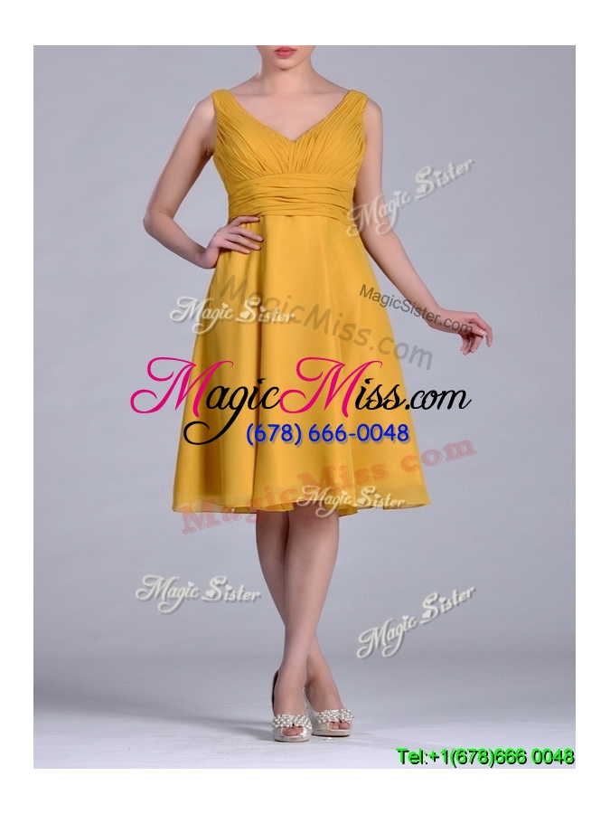 wholesale latest empire v neck ruched gold cheap dress in chiffon