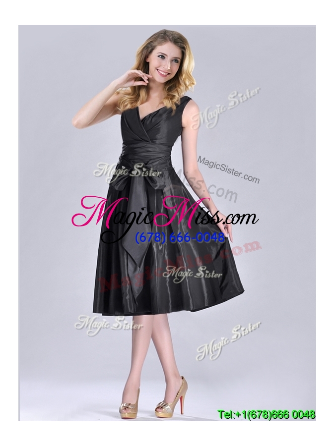 wholesale popular empire black tea length cheap dress with ruching and bowknot