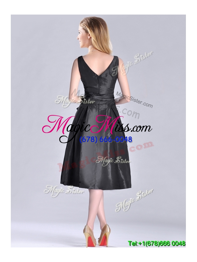 wholesale popular empire black tea length cheap dress with ruching and bowknot