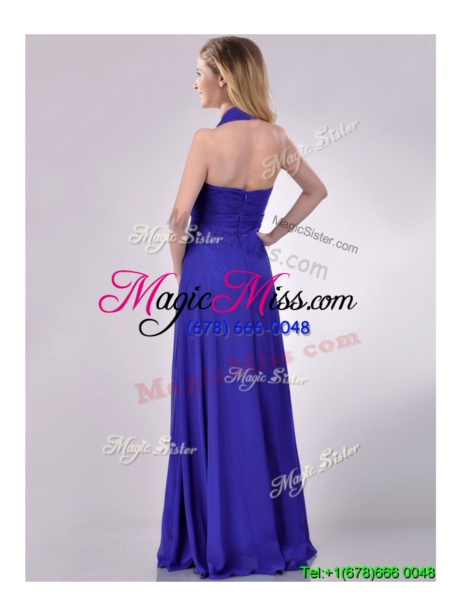 wholesale new style halter top zipper up long cheap dress in blue