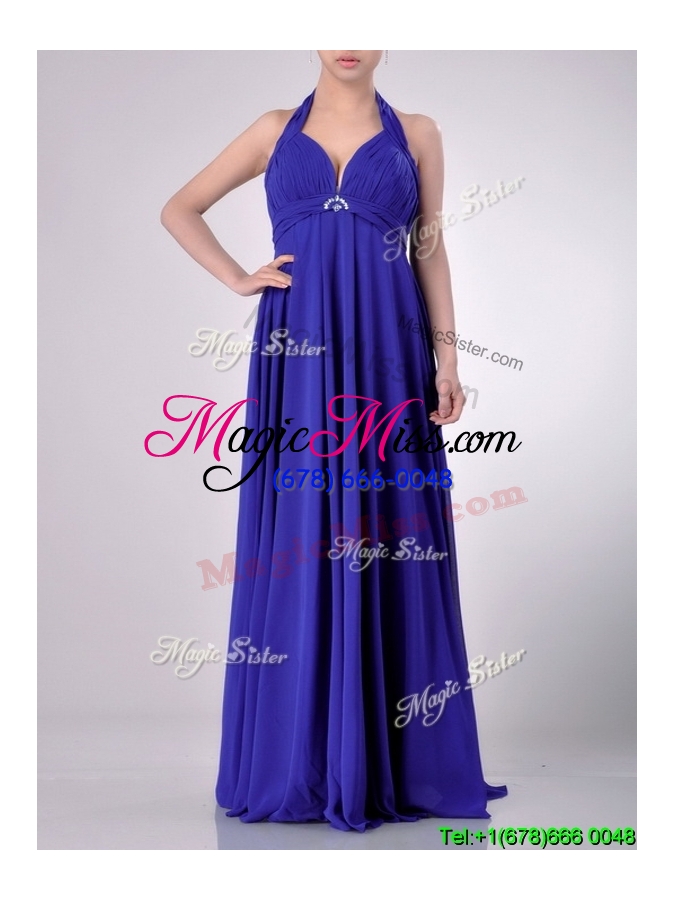 wholesale new style halter top zipper up long cheap dress in blue