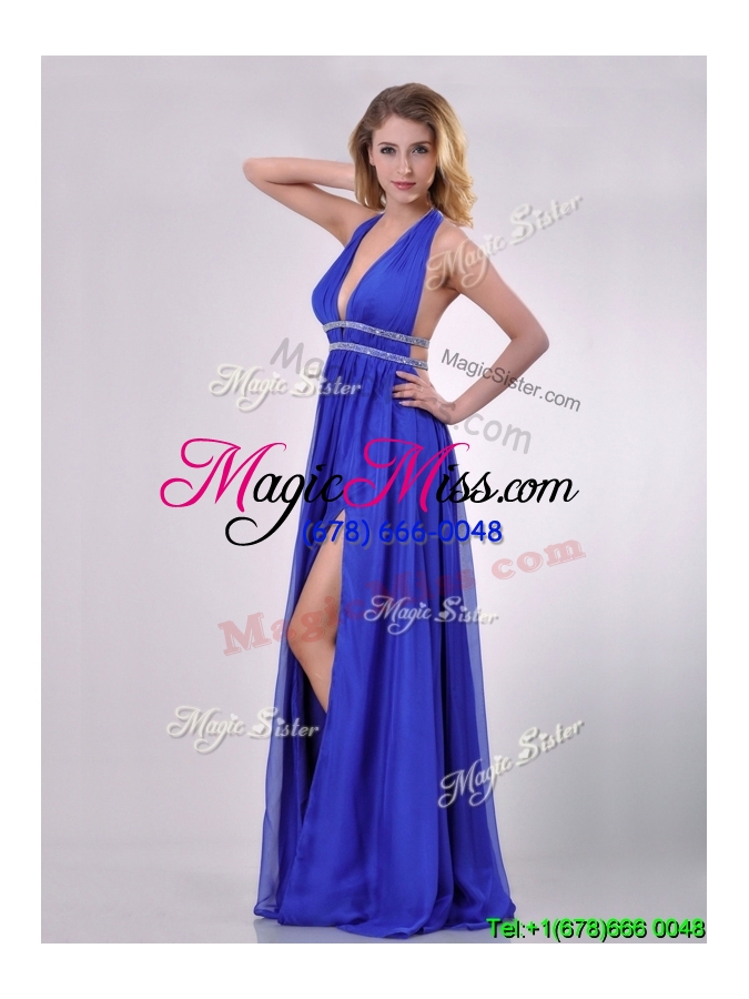 wholesale new halter top blue backless cheap dress with beading and high slit
