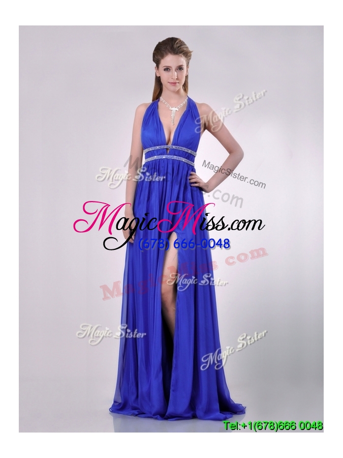 wholesale new halter top blue backless cheap dress with beading and high slit