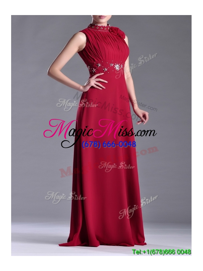 wholesale empire high neck open back red mother groom dress with beading and hand crafted