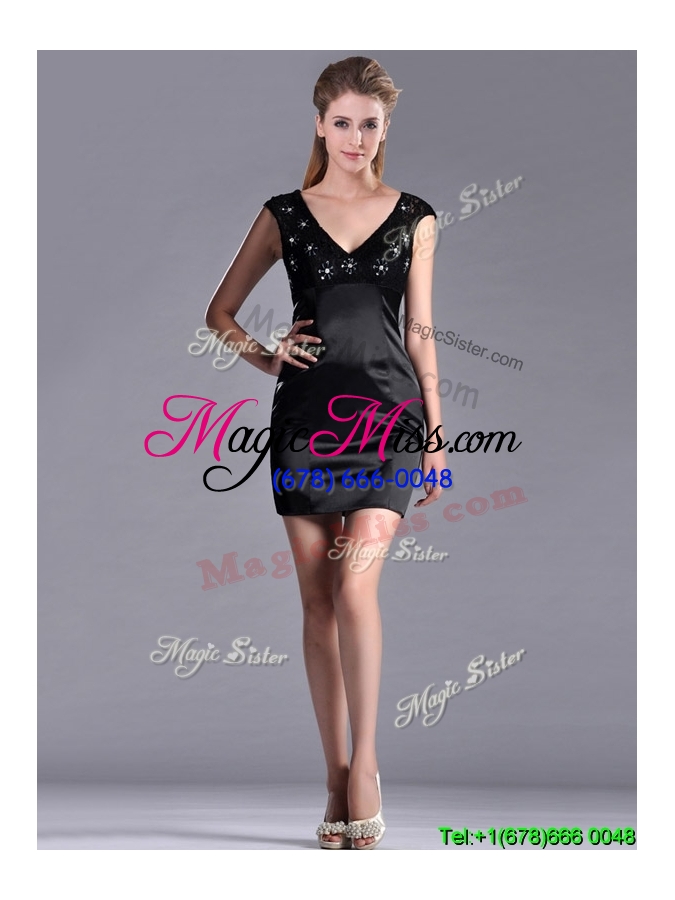 wholesale classical v neck satin and lace cheap dress with cap sleeves